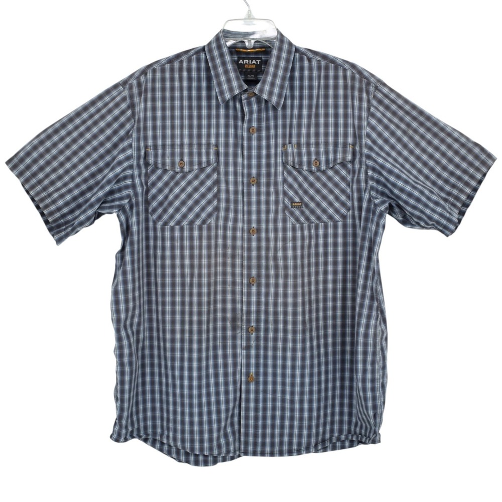 Ariat Rebar Mens XL Gray Blue Plaid Work Shirt Grease Stained Oversized Grunge
